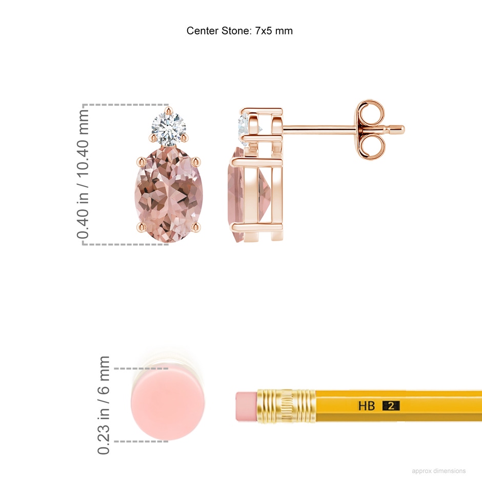 7x5mm AAAA Basket-Set Oval Morganite Stud Earrings with Diamond in Rose Gold ruler