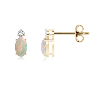 5x3mm AAAA Basket-Set Oval Opal Stud Earrings with Diamond in Yellow Gold