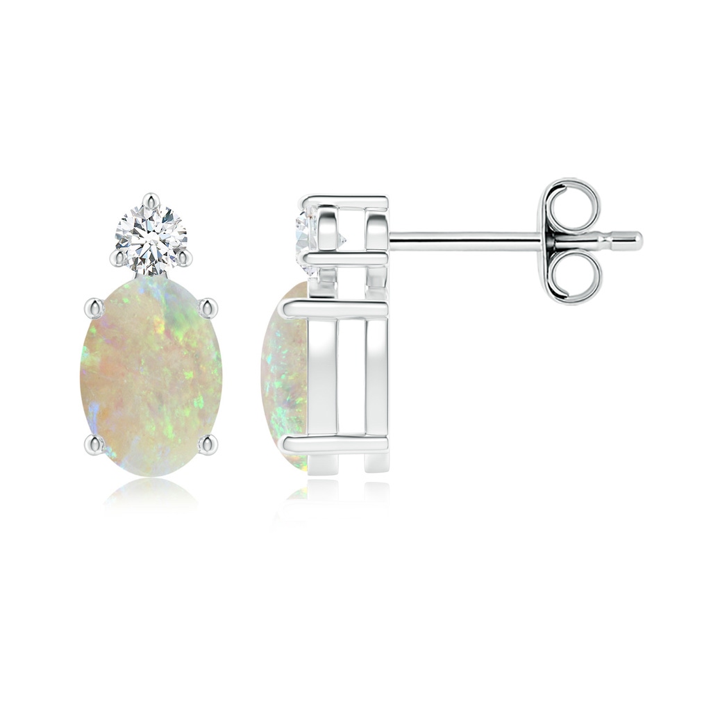 7x5mm AAA Basket-Set Oval Opal Stud Earrings with Diamond in White Gold