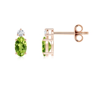 5x3mm AAA Basket-Set Oval Peridot Stud Earrings with Diamond in Rose Gold