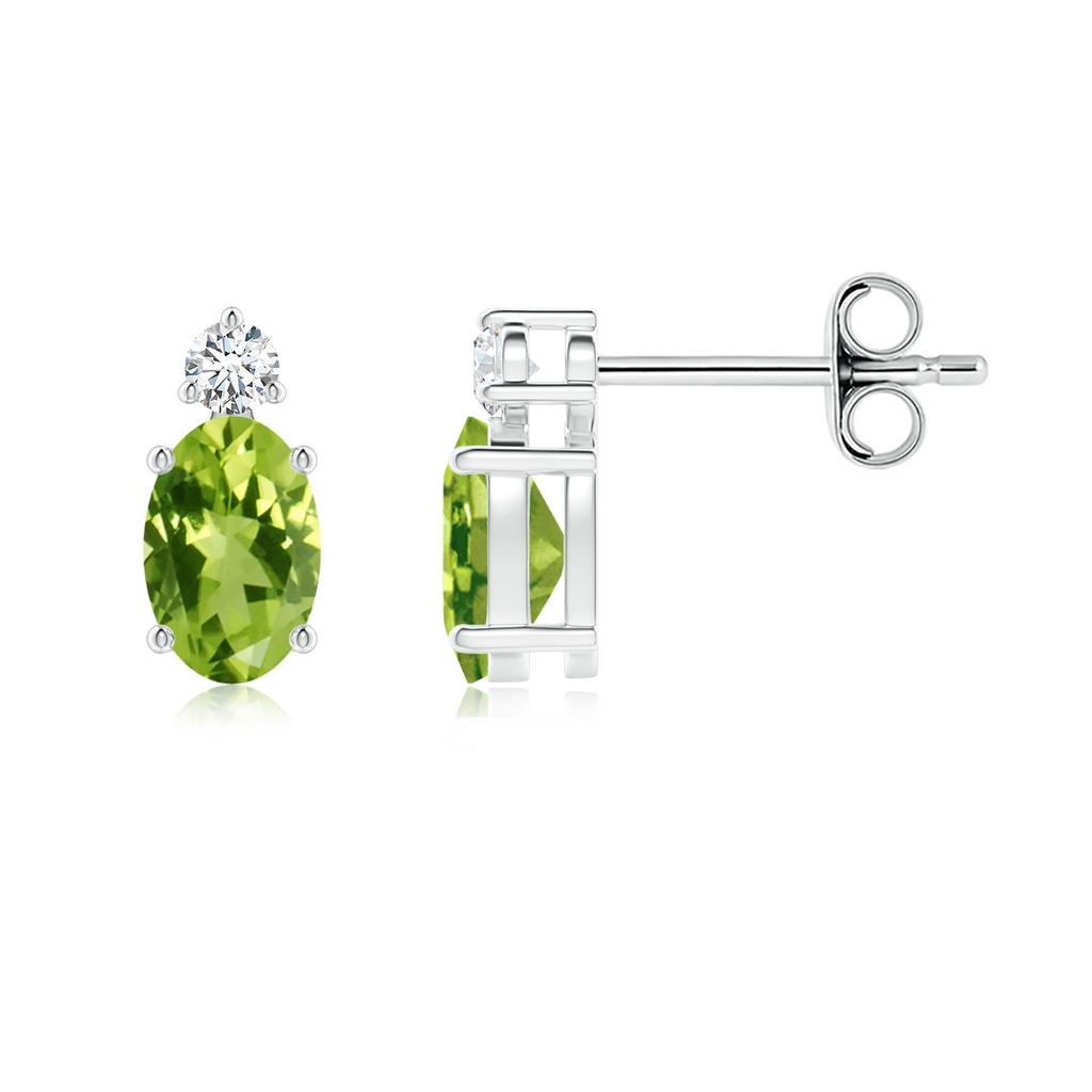 6x4mm AAA Basket-Set Oval Peridot Stud Earrings with Diamond in White Gold