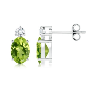 7x5mm AAA Basket-Set Oval Peridot Stud Earrings with Diamond in White Gold