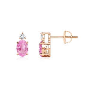 5x3mm A Basket-Set Oval Pink Sapphire Stud Earrings with Diamond in Rose Gold