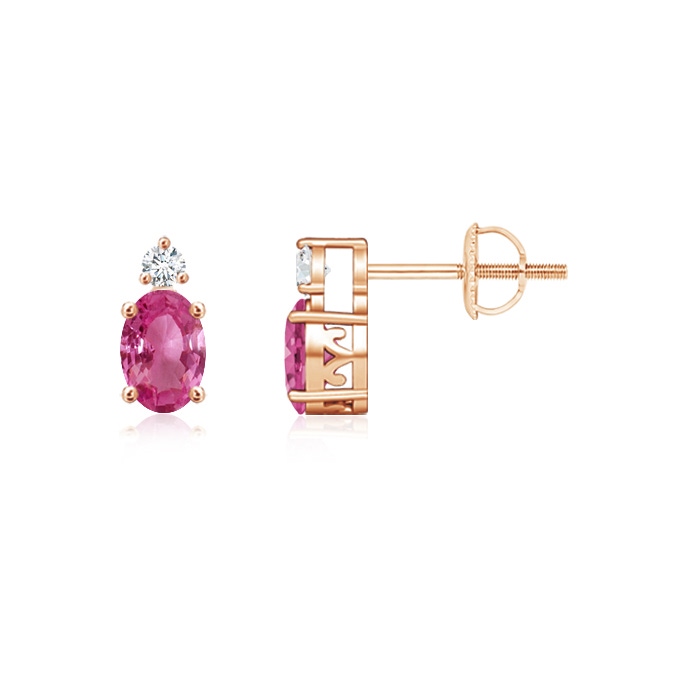5x3mm AAAA Basket-Set Oval Pink Sapphire Stud Earrings with Diamond in Rose Gold