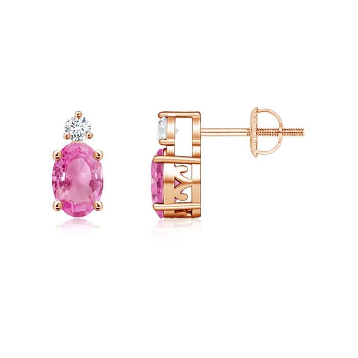 6x4mm AA Basket-Set Oval Pink Sapphire Stud Earrings with Diamond in 9K Rose Gold 