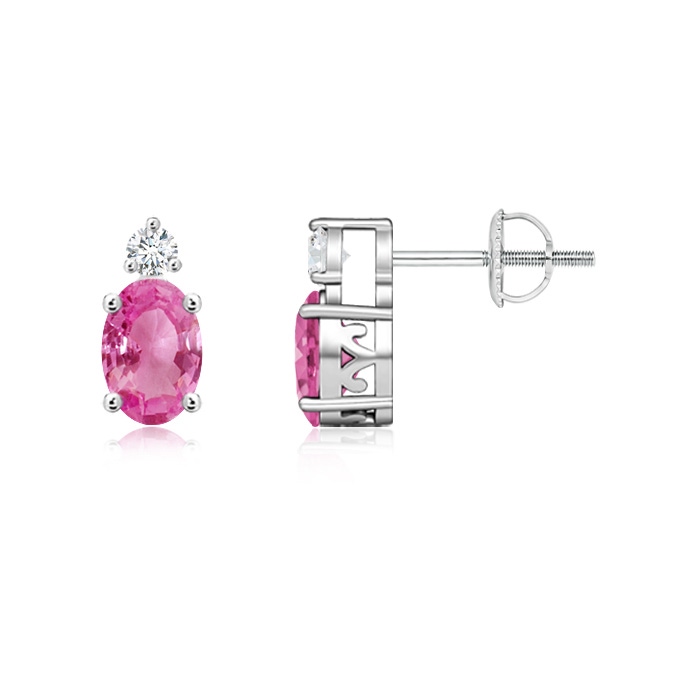 6x4mm AAA Basket-Set Oval Pink Sapphire Stud Earrings with Diamond in White Gold