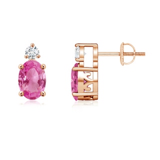 7x5mm AAA Basket-Set Oval Pink Sapphire Stud Earrings with Diamond in Rose Gold