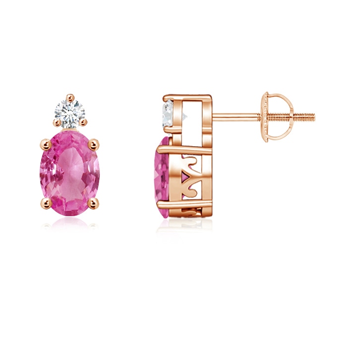 7x5mm AAA Basket-Set Oval Pink Sapphire Stud Earrings with Diamond in Rose Gold 
