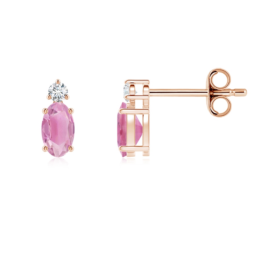 5x3mm A Basket-Set Oval Pink Tourmaline Stud Earrings with Diamond in 18K Rose Gold 