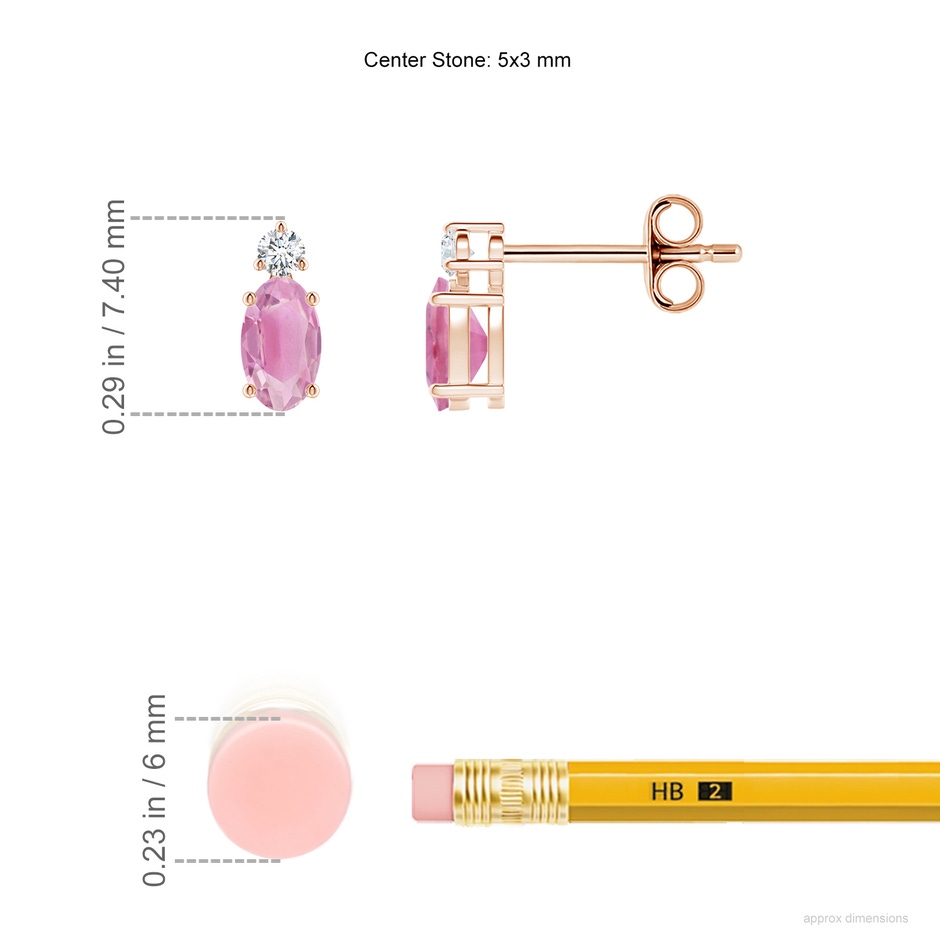 5x3mm A Basket-Set Oval Pink Tourmaline Stud Earrings with Diamond in 18K Rose Gold ruler