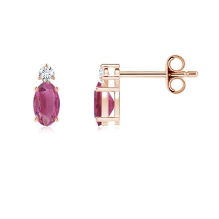 5x3mm AAA Basket-Set Oval Pink Tourmaline Stud Earrings with Diamond in Rose Gold