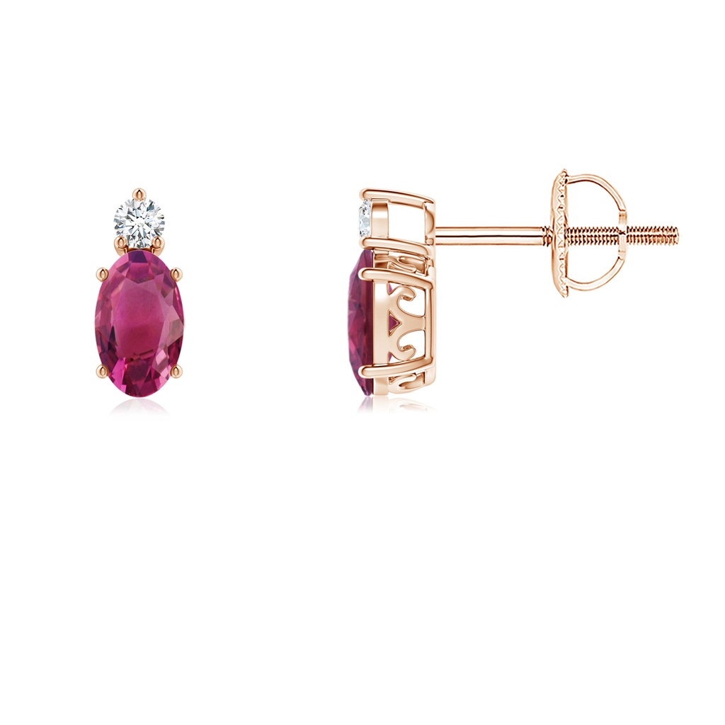 5x3mm AAAA Basket-Set Oval Pink Tourmaline Stud Earrings with Diamond in Rose Gold