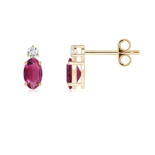 5x3mm AAAA Basket-Set Oval Pink Tourmaline Stud Earrings with Diamond in Yellow Gold