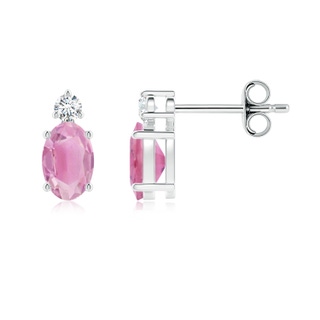 6x4mm A Basket-Set Oval Pink Tourmaline Stud Earrings with Diamond in 10K White Gold