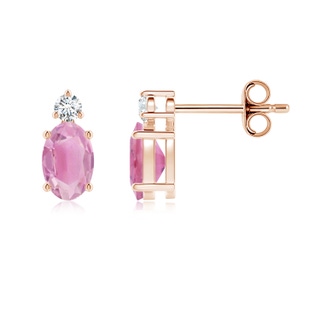 6x4mm A Basket-Set Oval Pink Tourmaline Stud Earrings with Diamond in 9K Rose Gold