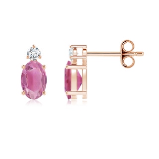 6x4mm AA Basket-Set Oval Pink Tourmaline Stud Earrings with Diamond in Rose Gold
