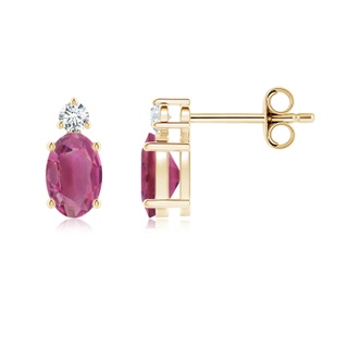 6x4mm AAA Basket-Set Oval Pink Tourmaline Stud Earrings with Diamond in Yellow Gold
