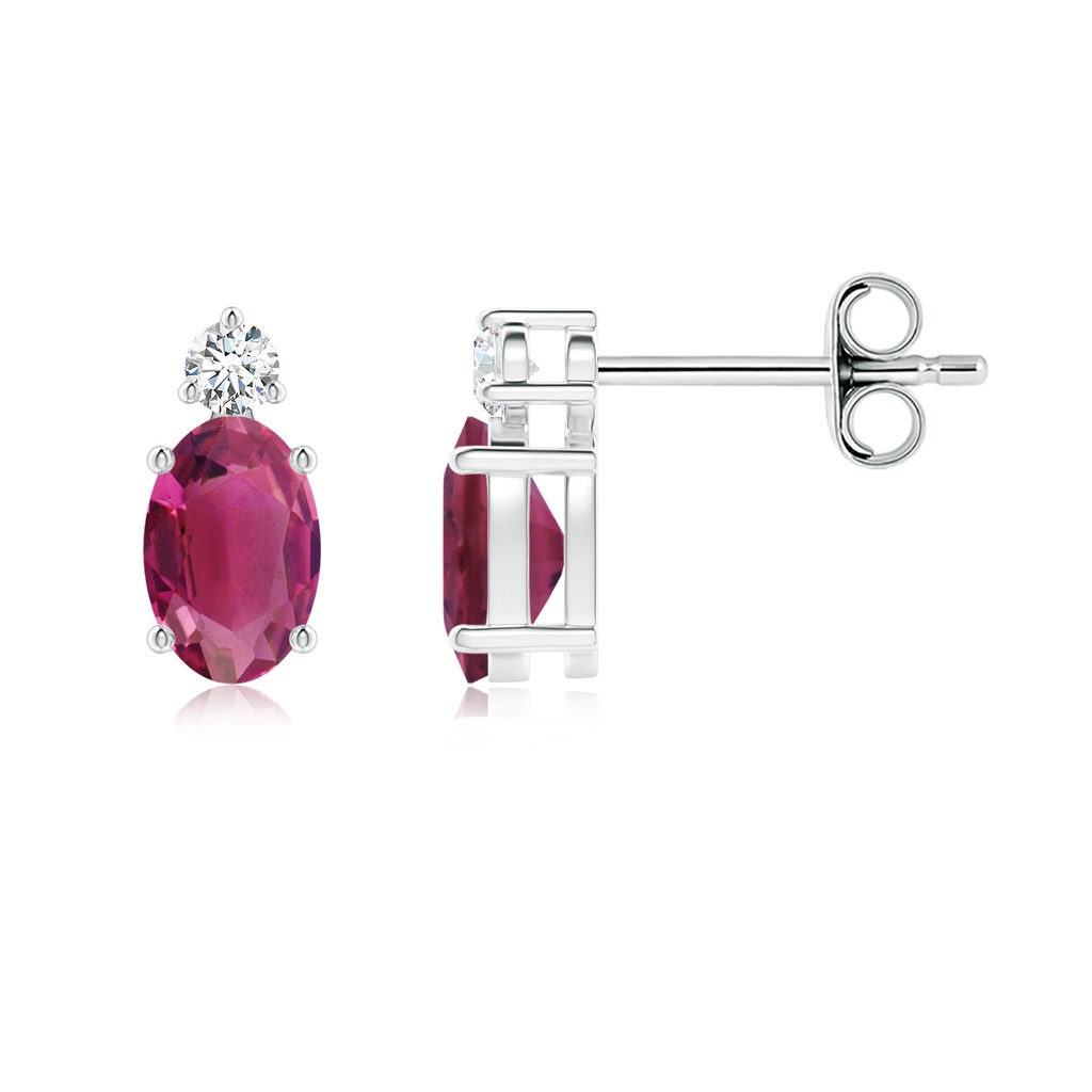 6x4mm AAAA Basket-Set Oval Pink Tourmaline Stud Earrings with Diamond in 18K White Gold