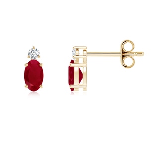 5x3mm AA Basket-Set Oval Ruby Stud Earrings with Diamond in Yellow Gold