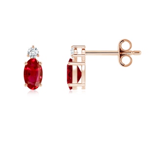 5x3mm AAA Basket-Set Oval Ruby Stud Earrings with Diamond in Rose Gold