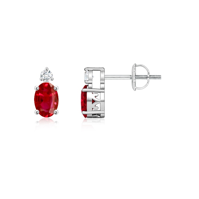 5x3mm AAA Basket-Set Oval Ruby Stud Earrings with Diamond in White Gold