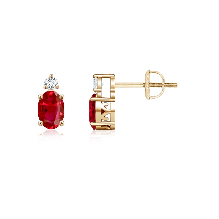 5x3mm AAA Basket-Set Oval Ruby Stud Earrings with Diamond in Yellow Gold 