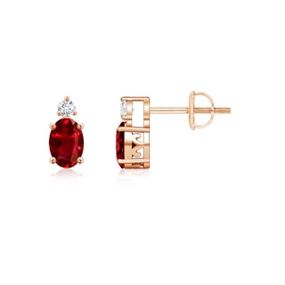 5x3mm AAAA Basket-Set Oval Ruby Stud Earrings with Diamond in Rose Gold