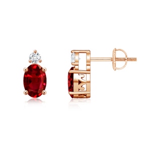 6x4mm AAAA Basket-Set Oval Ruby Stud Earrings with Diamond in Rose Gold