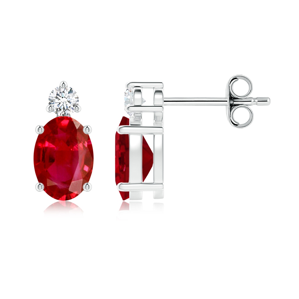 7x5mm AAA Basket-Set Oval Ruby Stud Earrings with Diamond in White Gold