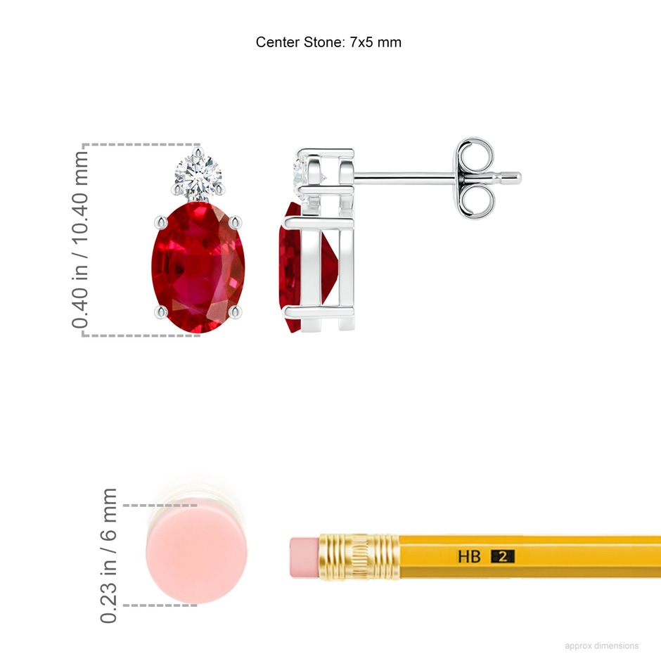 7x5mm AAA Basket-Set Oval Ruby Stud Earrings with Diamond in White Gold ruler