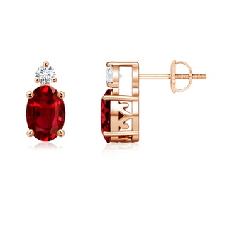 7x5mm AAAA Basket-Set Oval Ruby Stud Earrings with Diamond in Rose Gold