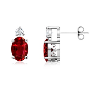 7x5mm AAAA Basket-Set Oval Ruby Stud Earrings with Diamond in S999 Silver