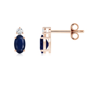 5x3mm A Basket-Set Oval Blue Sapphire Stud Earrings with Diamond in Rose Gold