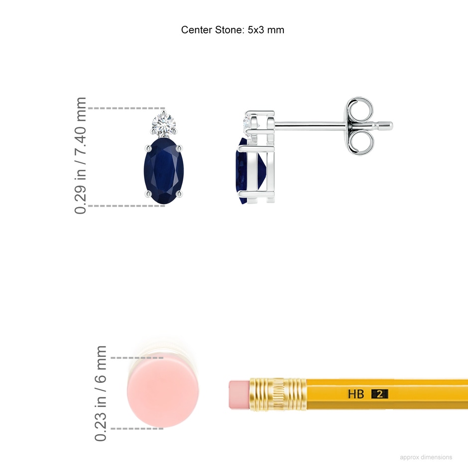 5x3mm A Basket-Set Oval Blue Sapphire Stud Earrings with Diamond in White Gold ruler