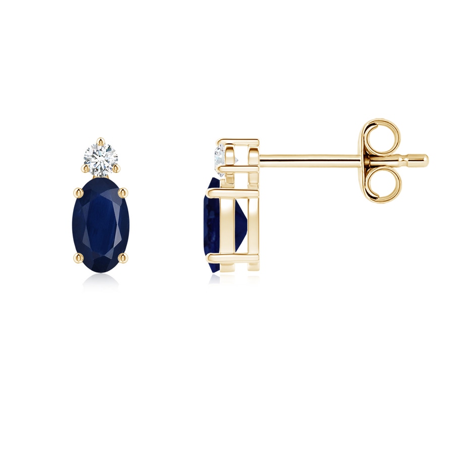 5x3mm A Basket-Set Oval Blue Sapphire Stud Earrings with Diamond in Yellow Gold 
