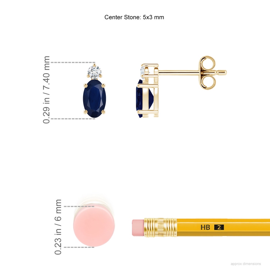 5x3mm A Basket-Set Oval Blue Sapphire Stud Earrings with Diamond in Yellow Gold ruler