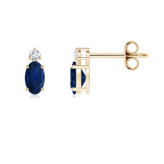 5x3mm AA Basket-Set Oval Blue Sapphire Stud Earrings with Diamond in Yellow Gold