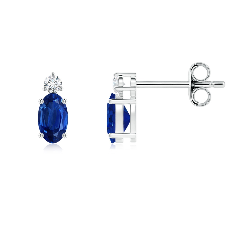 5x3mm AAA Basket-Set Oval Blue Sapphire Stud Earrings with Diamond in White Gold 