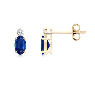 5x3mm AAA Basket-Set Oval Blue Sapphire Stud Earrings with Diamond in Yellow Gold