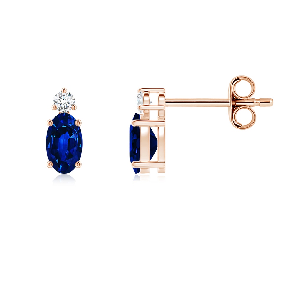 5x3mm AAAA Basket-Set Oval Blue Sapphire Stud Earrings with Diamond in Rose Gold