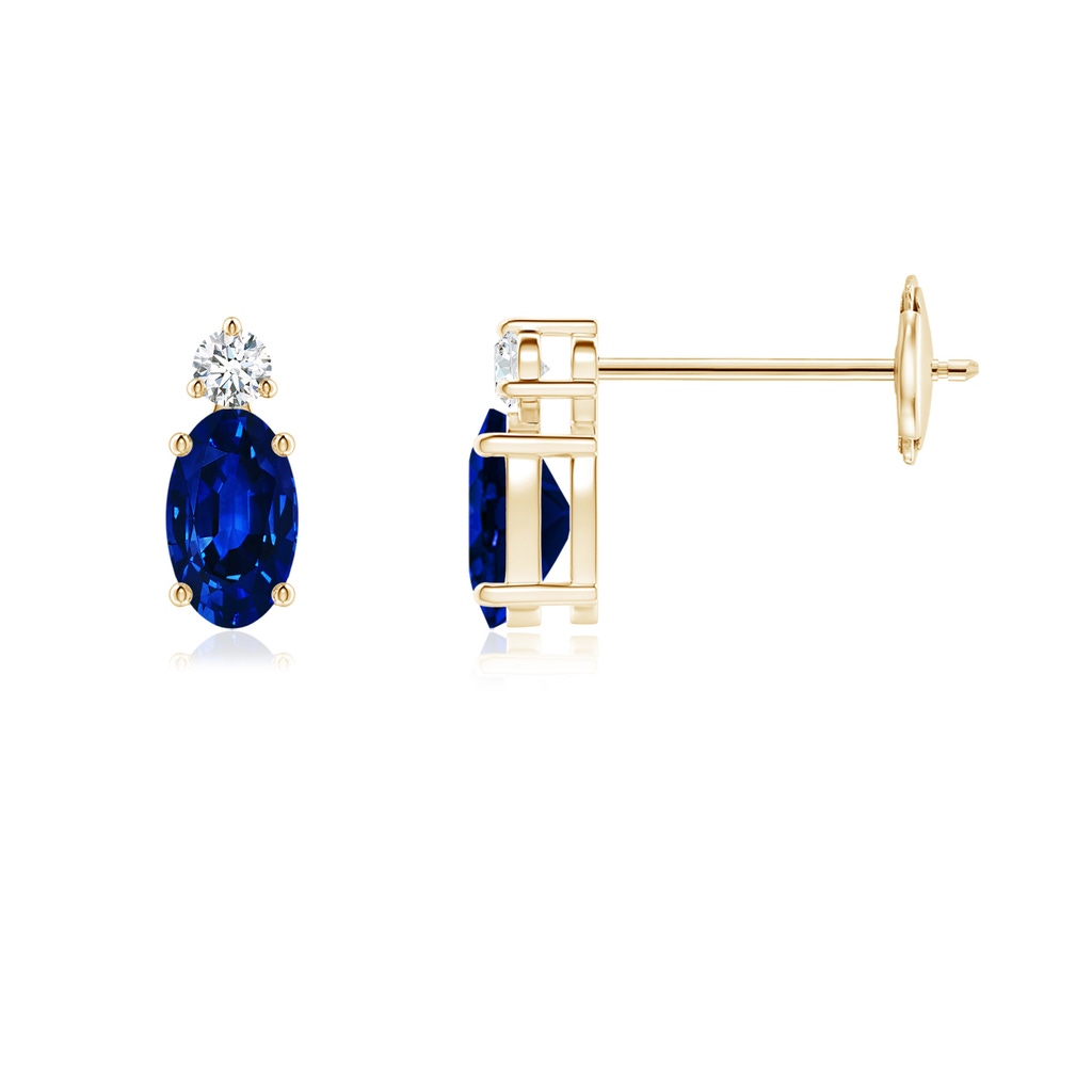 5x3mm AAAA Basket-Set Oval Blue Sapphire Stud Earrings with Diamond in Yellow Gold