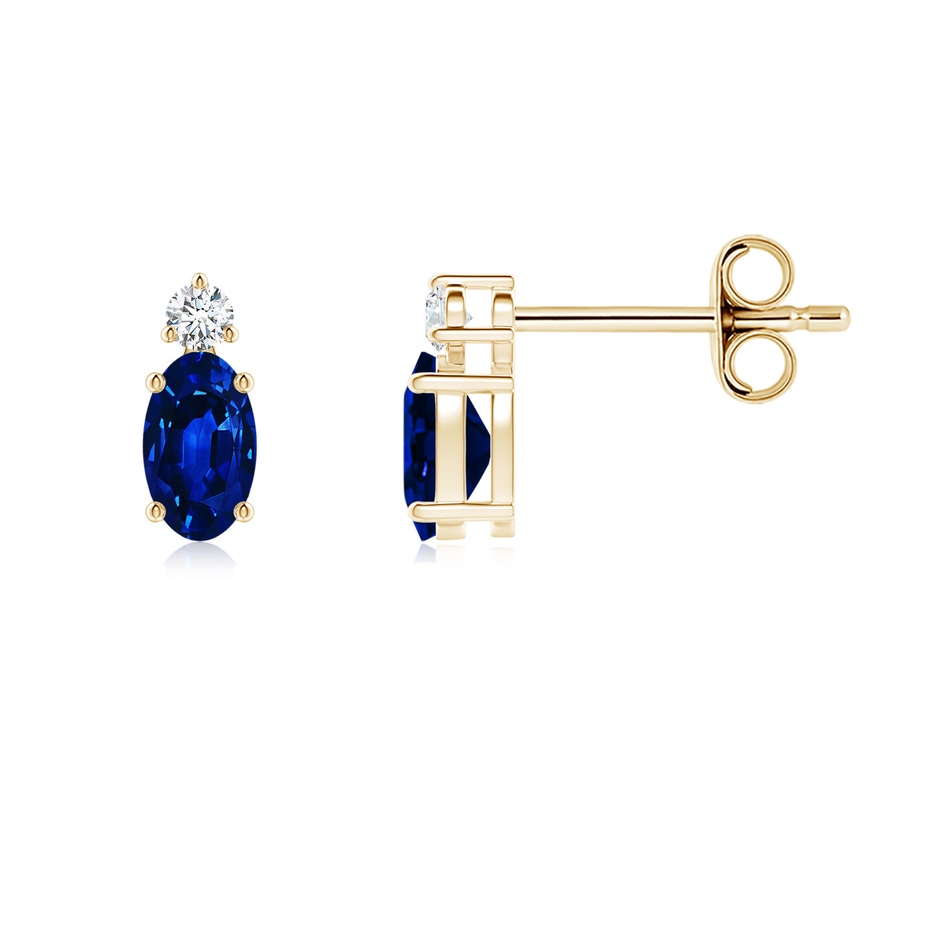 5x3mm AAAA Basket-Set Oval Blue Sapphire Stud Earrings with Diamond in Yellow Gold 