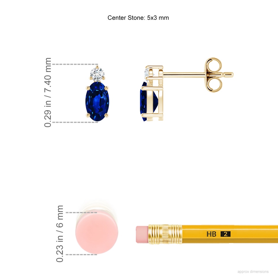 5x3mm AAAA Basket-Set Oval Blue Sapphire Stud Earrings with Diamond in Yellow Gold ruler