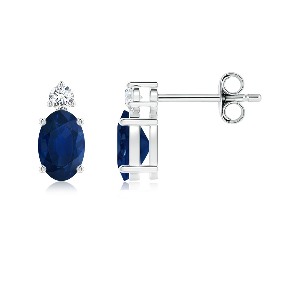 6x4mm AA Basket-Set Oval Blue Sapphire Stud Earrings with Diamond in White Gold 