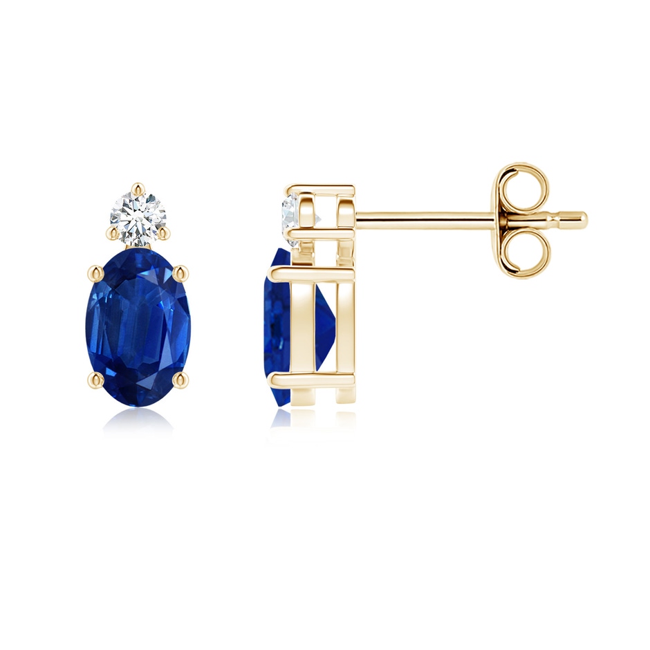 6x4mm AAA Basket-Set Oval Blue Sapphire Stud Earrings with Diamond in Yellow Gold 