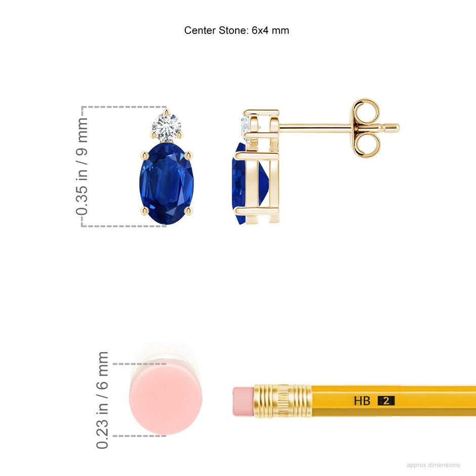 6x4mm AAA Basket-Set Oval Blue Sapphire Stud Earrings with Diamond in Yellow Gold ruler