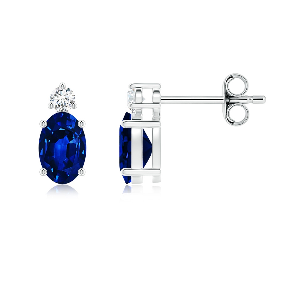 6x4mm AAAA Basket-Set Oval Blue Sapphire Stud Earrings with Diamond in 18K White Gold 