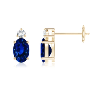 6x4mm AAAA Basket-Set Oval Blue Sapphire Stud Earrings with Diamond in 9K Yellow Gold