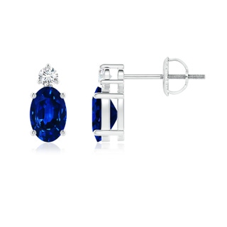 6x4mm AAAA Basket-Set Oval Blue Sapphire Stud Earrings with Diamond in P950 Platinum