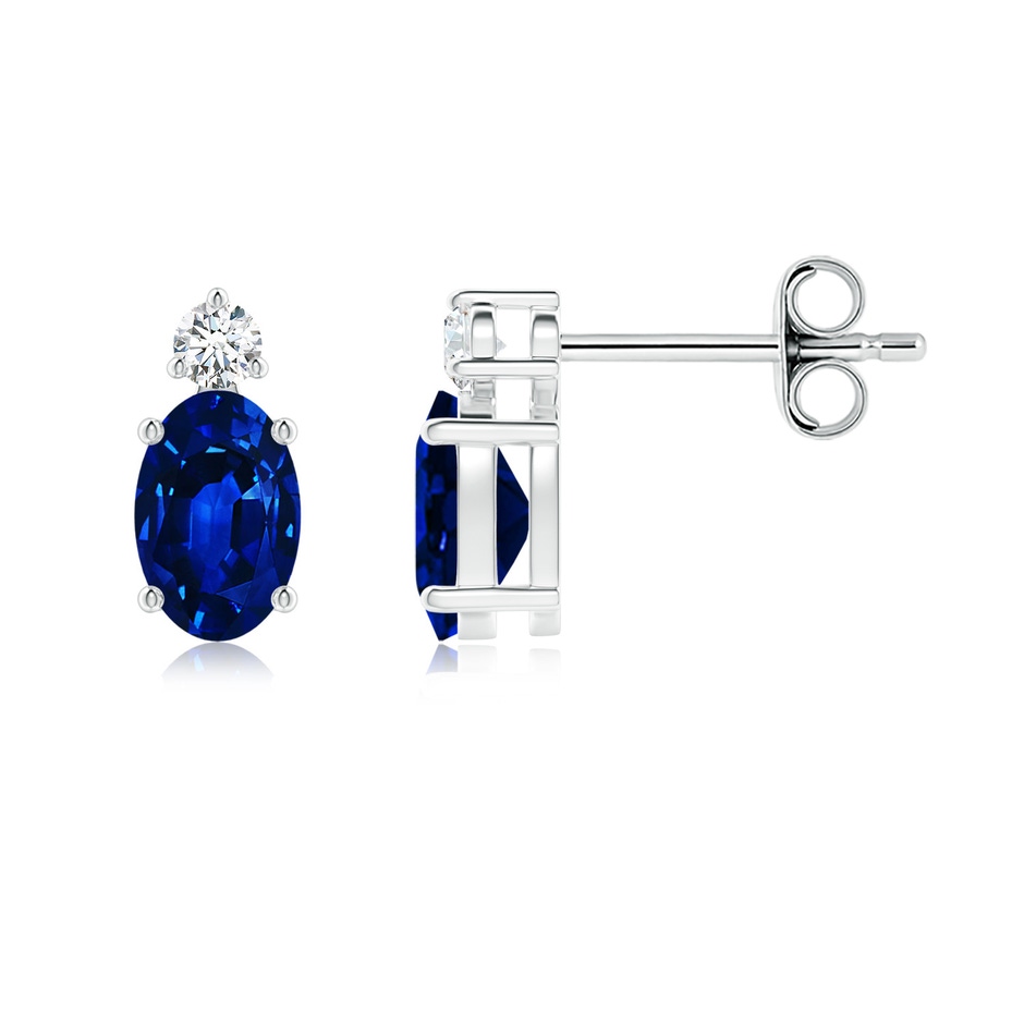 6x4mm AAAA Basket-Set Oval Blue Sapphire Stud Earrings with Diamond in White Gold 